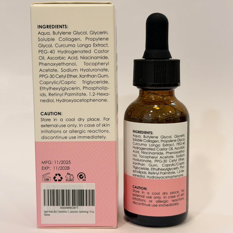 Sapi Anito 8-in-1 Sensitive Face Serum, Vitamin C, Niacinamide, Collagen, Kojic Acid, Turmeric, Vitamin E, Hyaluronic Acid & Retinol, Lightweight Hydrating Serum for Sensitive Skin, 1 fl oz (30 ml)