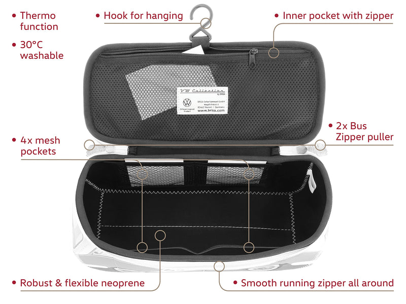 BRISA VW Collection - T1 Bus Camper Toiletry Bag Cosmetic Case | Volkswagen Toiletry Bag Cosmetic Case, Water-Repellent, Hanging Hook, 4 Mesh Pockets, Travel, Neoprene, Fire Engine/Red Large Large (11.8 X 5.5 X 4.7 Inches)