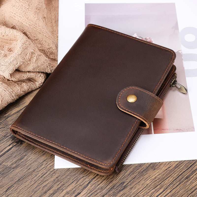 Polare Leather Passport Holder RFID Blocking Travel Bifold Wallet | Snap Closure, Full Grain Cowhide Leather, Fits 2 Passports, Slim Wallet, Travel Essentials, Zip Coin Pocket, Dark Brown Dark Brown with Zipper Pocket