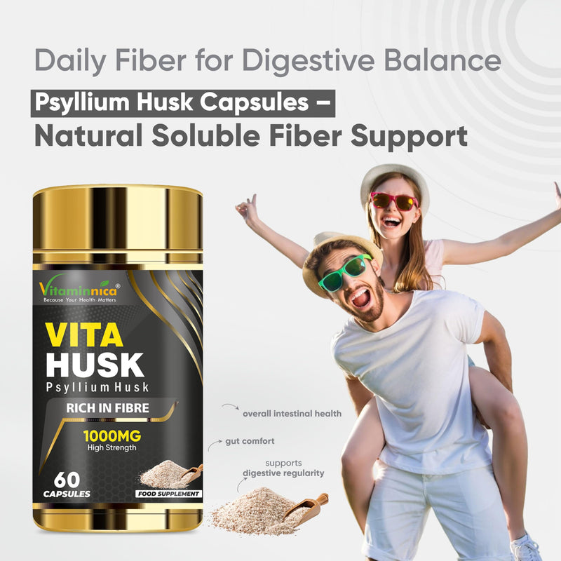 Vitaminnica Vita Husk Pysllium Husk Supplement 1000mg- High Fibre Supplement for Digestive Health, Regularity & Weight Management- Vegan & Gluten-Free - 60 Capsules