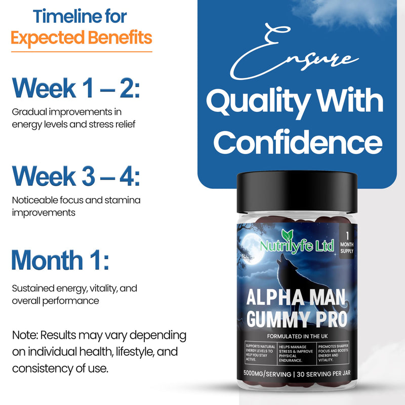 Alpha Man Gummy Pro – 5000mg High Strength Energy, Stamina & Vitality Gummies for Men with Maca, Ashwagandha, Rhodiola, Ginseng & Shilajit | Vegan Food Supplement | 60 Gummies