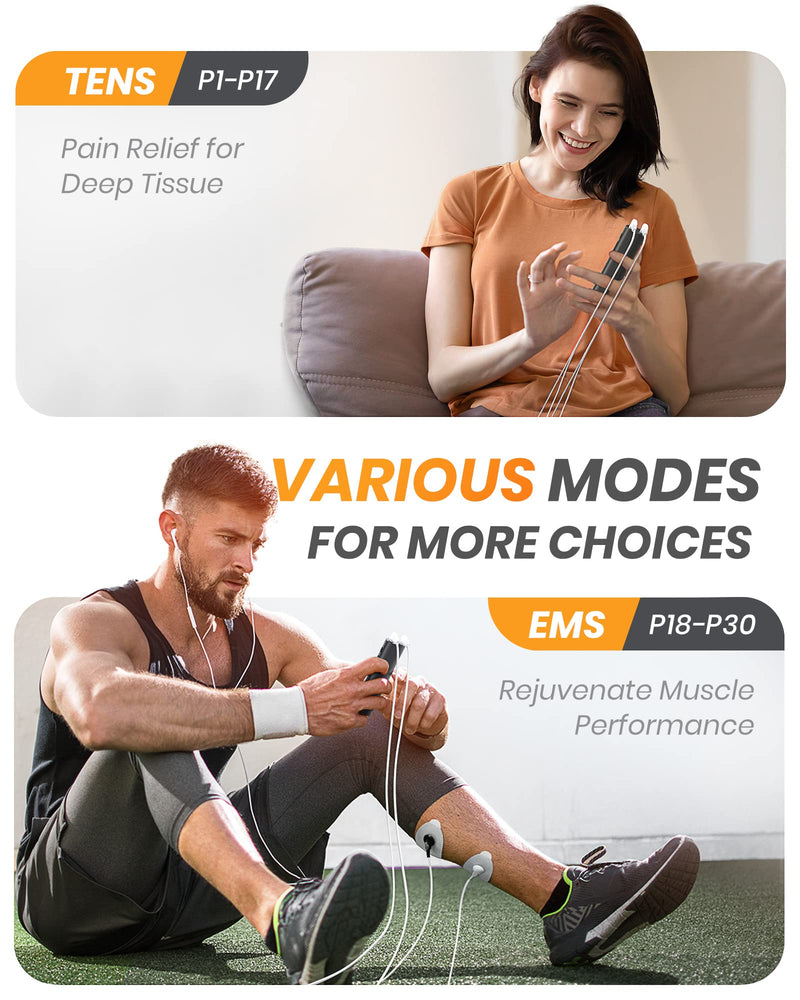 [Australia] - 30 Modes TENS EMS Unit Compact Muscle Stimulator for Pain Relief of Back, Shoulder, Neck, Rechargeable & Portable Dual Channel EMS Muscle Stimulator with 30 Intensity Levels, 12 Electrode Pads Black 