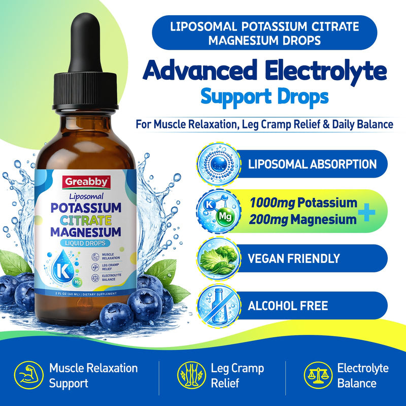 Liposomal Liquid Potassium Magnesium 1000mg Drops, 2 Fl Oz | Potassium Citrate Supplement with Magnesium Bisglycinate for Adults, Vitamin B6 & Taurine, Natural Blueberry Flavor
