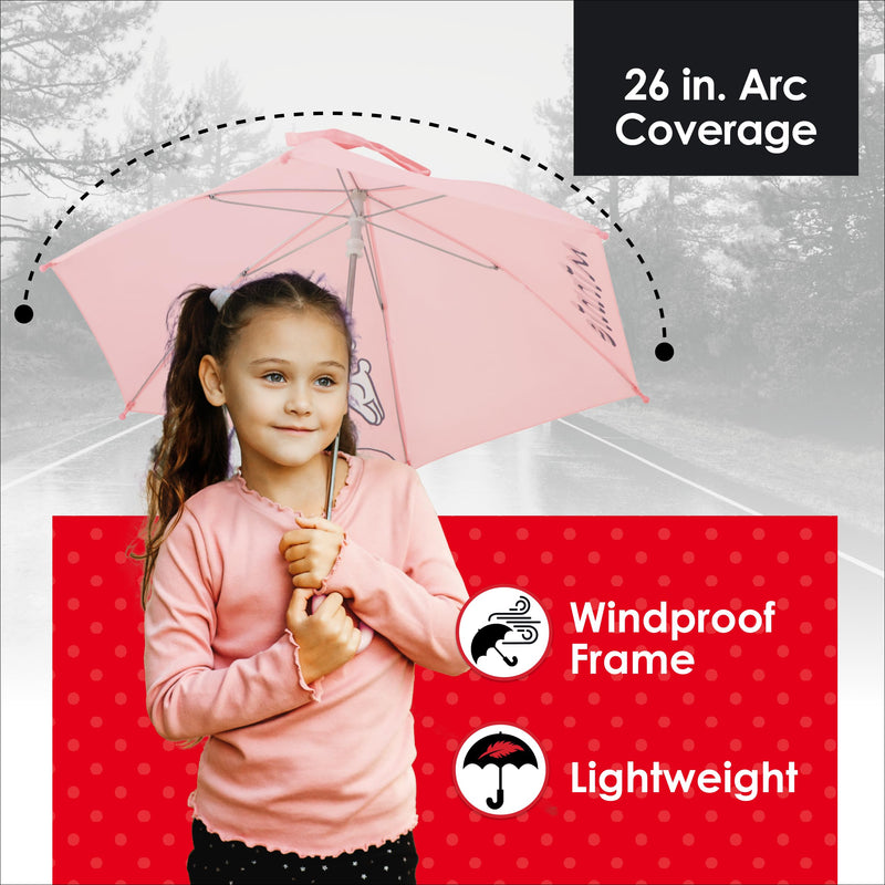 Disney Minnie Mouse Children's Rain Umbrella with Bow Tie Wrap, Pink | Manual Folding, Windproof, Lightweight, and Packable for Travel, 26.5 Inch Arc