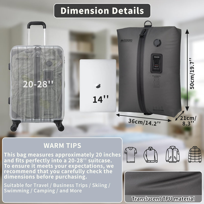 Vacuum Bag for Travel, Reusable Compression Bags with Built-in Pump | IPX8 Waterproof Packing Cubes for Suitcase, Durable Airtight TPU Space Saver Bags for Clothing, Carry On• Safe(1 PACK) Translucent black 1 PACK