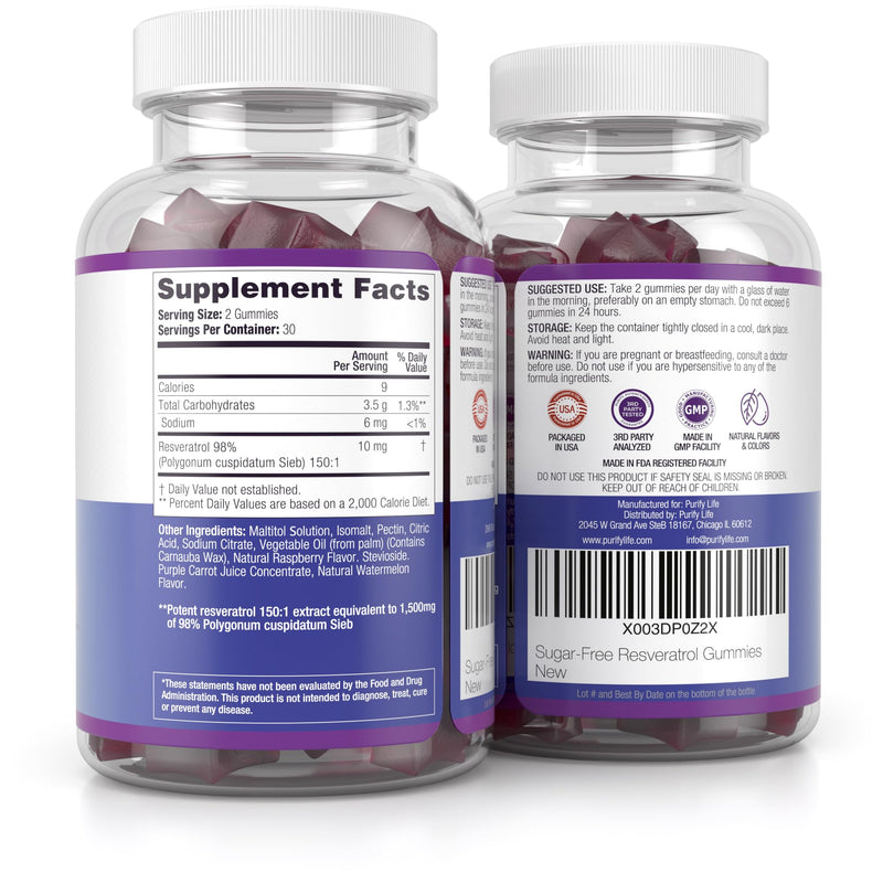 [Australia] - Purify Life Sugar-Free Resveratrol Gummies - Potent 1500mg Resveratrol Supplement to Support Digestive & Immune Health - Resveratrol Supplement for Antioxidant Support, Cell Regenerator & Repair Resveratrol Cell Repair 