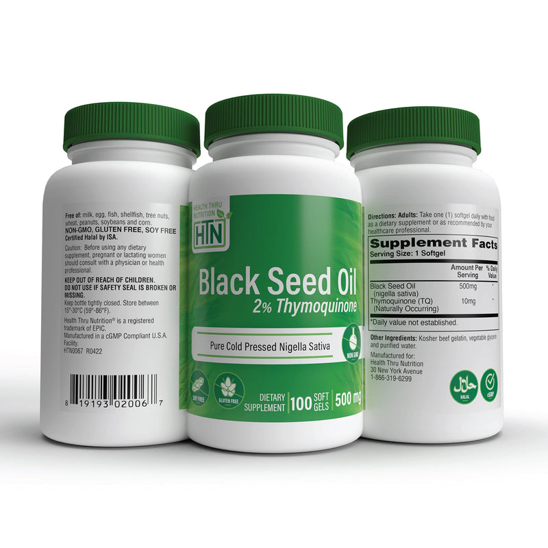 [Australia] - Health Thru Nutrition Black Seed Oil 500mg 100 Softgels | High Potency 2% Thymoquinone | 3rd Party Tested | Pure Cold Pressed | Organically Gown | Non-GMO, Gluten Free, Soy Free 100 Count (Pack of 1) 
