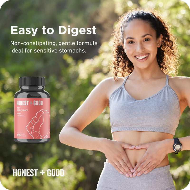 Honest + Good Iron Bisglycinate 20mg + Vitamin C 100mg | 180 (6 Months) Vegan Capsules | Chelated for High Absorption | Pure, Natural & Gentle Supplement | Energy, Immune, Skin & Joint Support