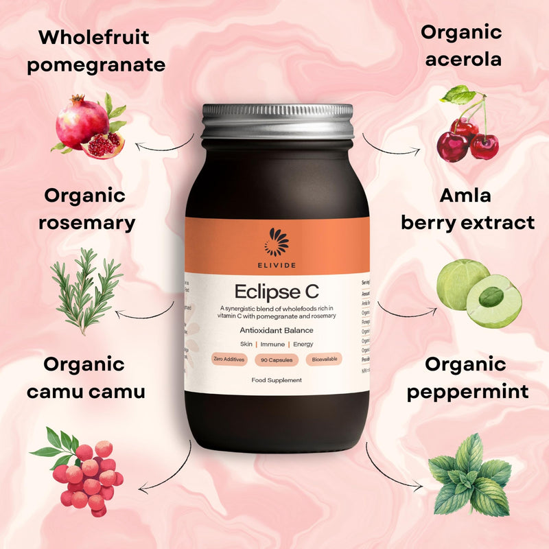 Eclipse Wholefood Vitamin C | with Wholefruit Pomegranate | 100% Additive Free | Natural & Rich in Bioflavanoids | 90 Capsules | UK Made | Immune & Skin Support | Glass Jar