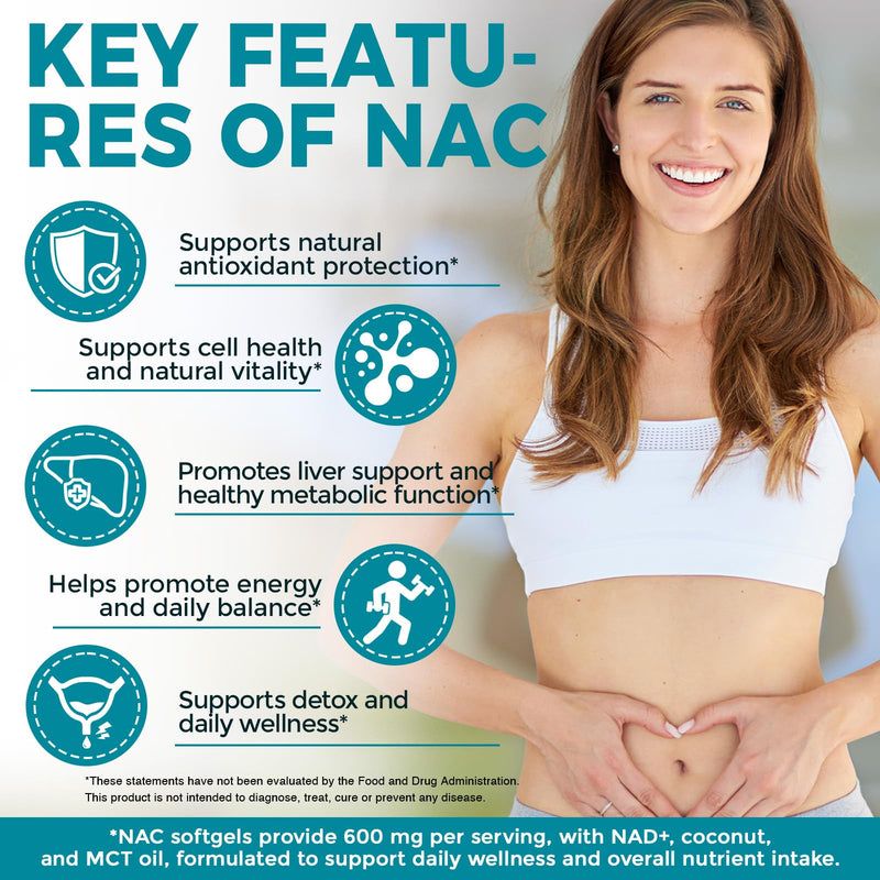 NAC N-Acetyl L-Cysteine 600 mg Softgels with NAD+ | Enhanced with Coconut & MCT Oil for Absorption | Supports Antioxidant, Liver & Cellular Health | Non-GMO, Gluten Free | 300 Softgels (100 Day Supply