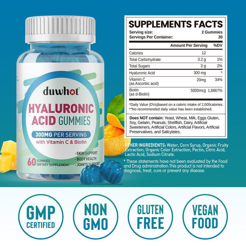 [Australia] - Hyaluronic Acid Gummies, Hyaluronic Acid Supplements for joints, Glowing Skin & Eyes, Hyaluronic Acid with Vitamin C & Biotin 5000mcg for Collagen Production, 60 Chews 1 