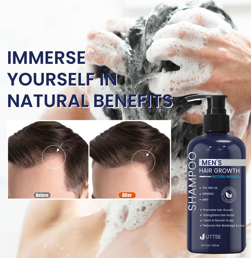 Uttse Biotin Hair Growth Shampoo for Men: Natural Thickening Shampoo with Tea Tree Oil Ginseng Mint for Hair Loss and Thinning Hair - 10.1 fl.oz, Dark Blue