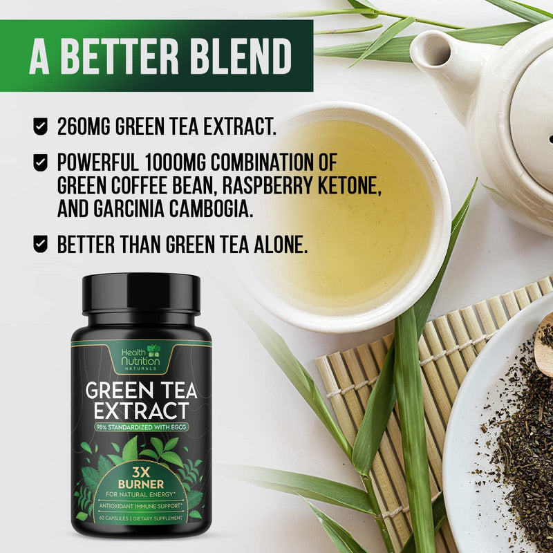 [Australia] - Green Tea Extract Pills - 98% Standardized EGCG 1300mg for Natural Extra Strength Energy - Supports Heart & Antioxidant Health Herbal & Immune Support Supplement Polyphenols Max Potency - 60 Capsules 60 Count (Pack of 1) 