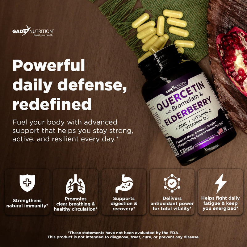 Gade Nutrition Quercetin with Bromelain Elderberry Vitamin C and Zinc | Sambucus Immune Support Supplement 500mg Capsules | Gluten-Free | Made in USA | 4 Month Supply 120 Count (Pack of 2)