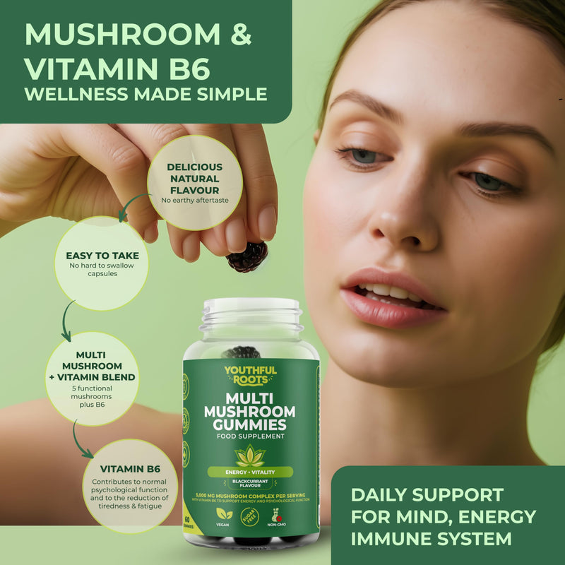 Multi Mushroom Gummies 6-in-1 with Lions Mane, Reishi, Shiitake & Vitamin B6 - Focus, Energy & Vitality - Vegan & Sugar-Free - 60 Gummies for Kids & Adults