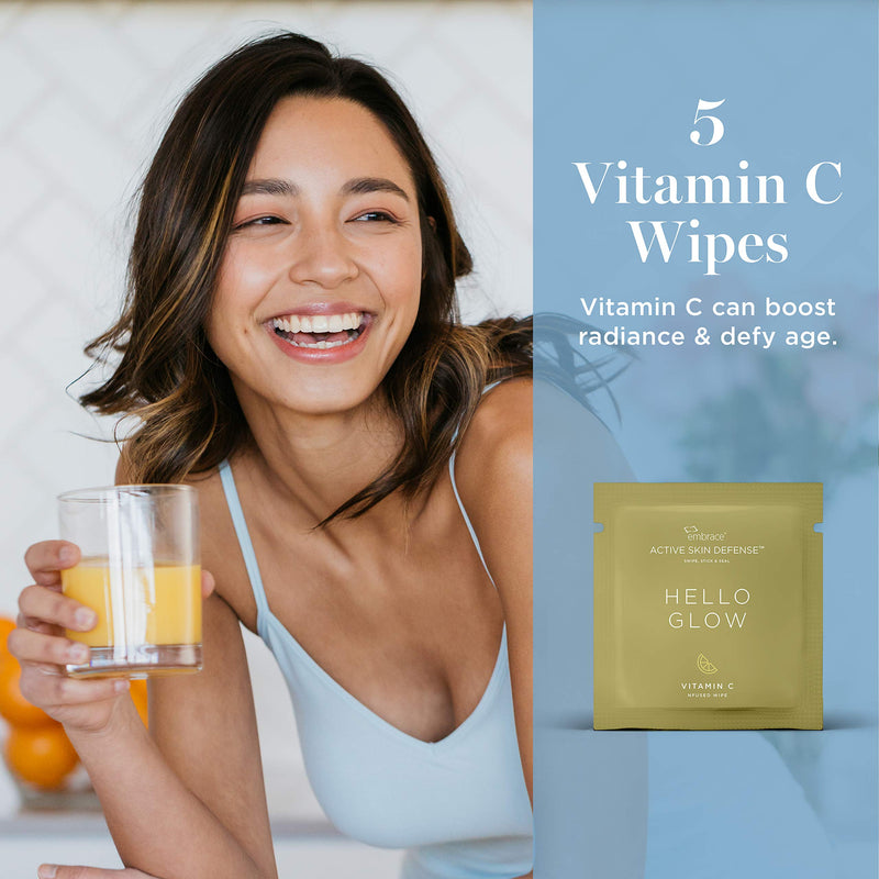 Embrace Active Skin Defense | 10-Day Anti-Aging Kit | Re-Usable Silicone Stickies & Infused Wipes (5 Collagen & 5 Vitamin C) | Anti-Wrinkle, Puffiness, Fine Lines