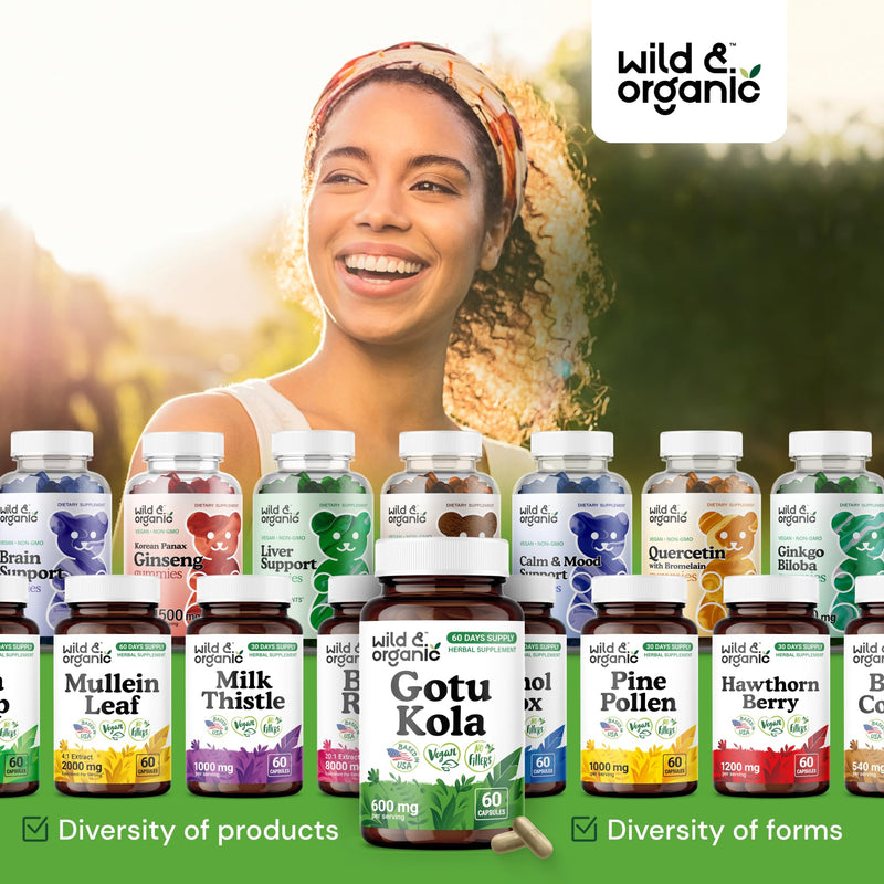 [Australia] - Wild & Organic Gotu Kola Capsules 600 mg - Brain & Focus Support - Gotu Kola Powder Supplement - Centella Asiatica Extract - 60 Days of Supply - Vegan, No Fillers, Non-GMO - 60 Count 