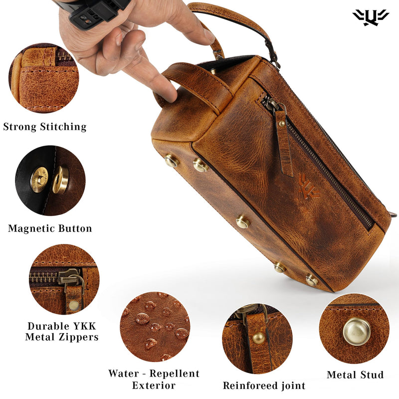 Premium Handmade Genuine Leather Toiletry Bag for Men & Women, Dopp Kit & Shaving Travel Organizer, Cosmetic Wash Bag with Zipper Pocket Travel Pouch, Gift for Him & Her - Tan Brown Tan (Large)