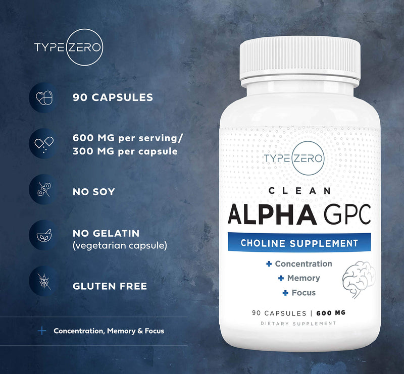 [Australia] - Type Zero Ultra Clean Alpha GPC Choline Supplement (600mg | 90 Capsules) Soy Free, Non-GMO Nootropics Alpha GPC 600mg / 300mg; Alpha-GPC Brain Memory and Focus Supplements 