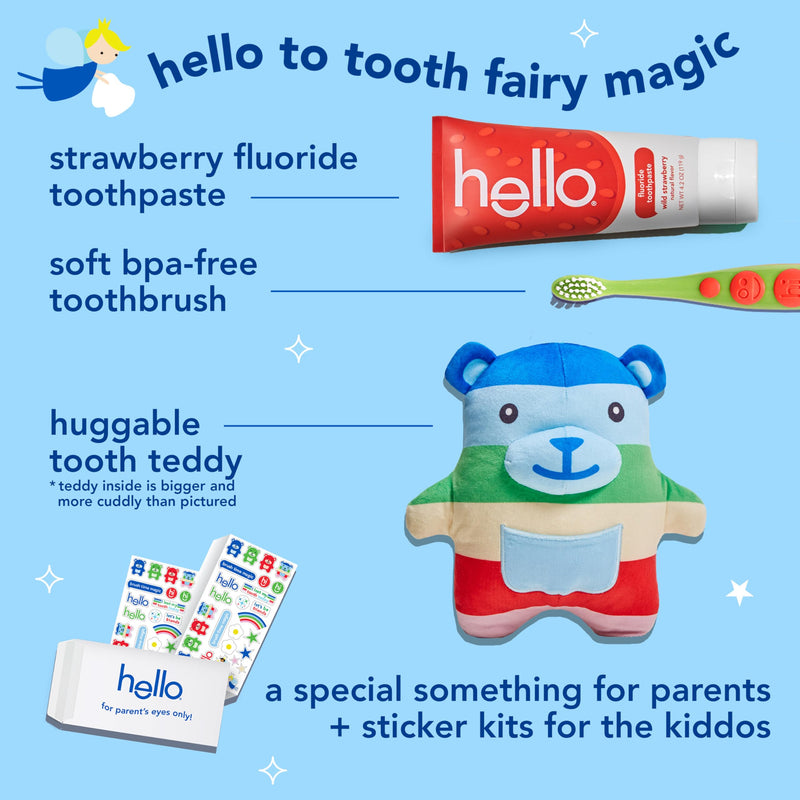 [Australia] - hello Tooth Fairy Kit with Tooth Fairy Door Hanger and Teddy Bear, Includes Full Size Fluoride Kids Strawberry Toothpaste and Kids Toothbrush, for Children Ages 3 and Up 0.84 Ounce (Pack of 5) 