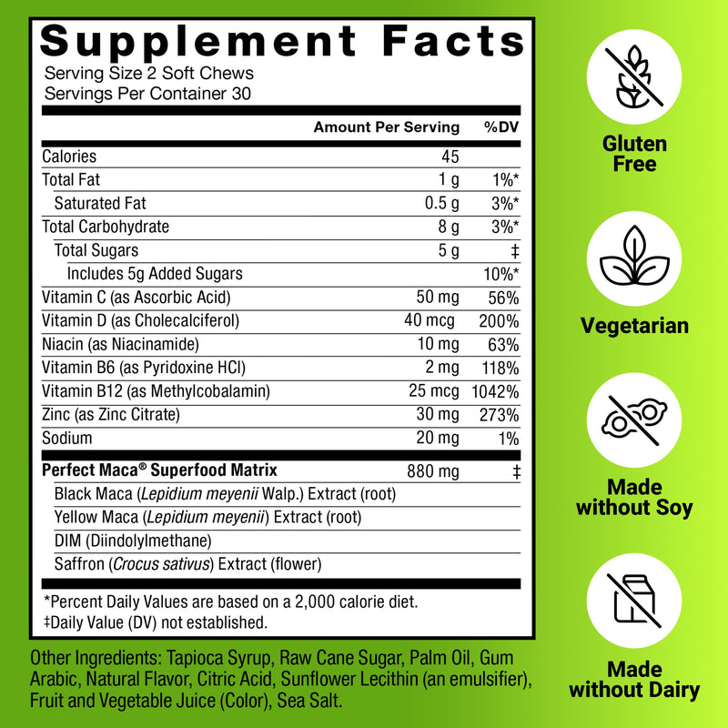 Force Factor Perfect-Maca, Maca Root and DIM Supplement with Saffron to Boost Energy &Mood, with Yellow & Black, Vitamins, Minerals, and Antioxidants, Dark Cherry Flavor,60 Soft Chews,(Pack of 2) 60 Count (Pack of 2) Herbal Supplement