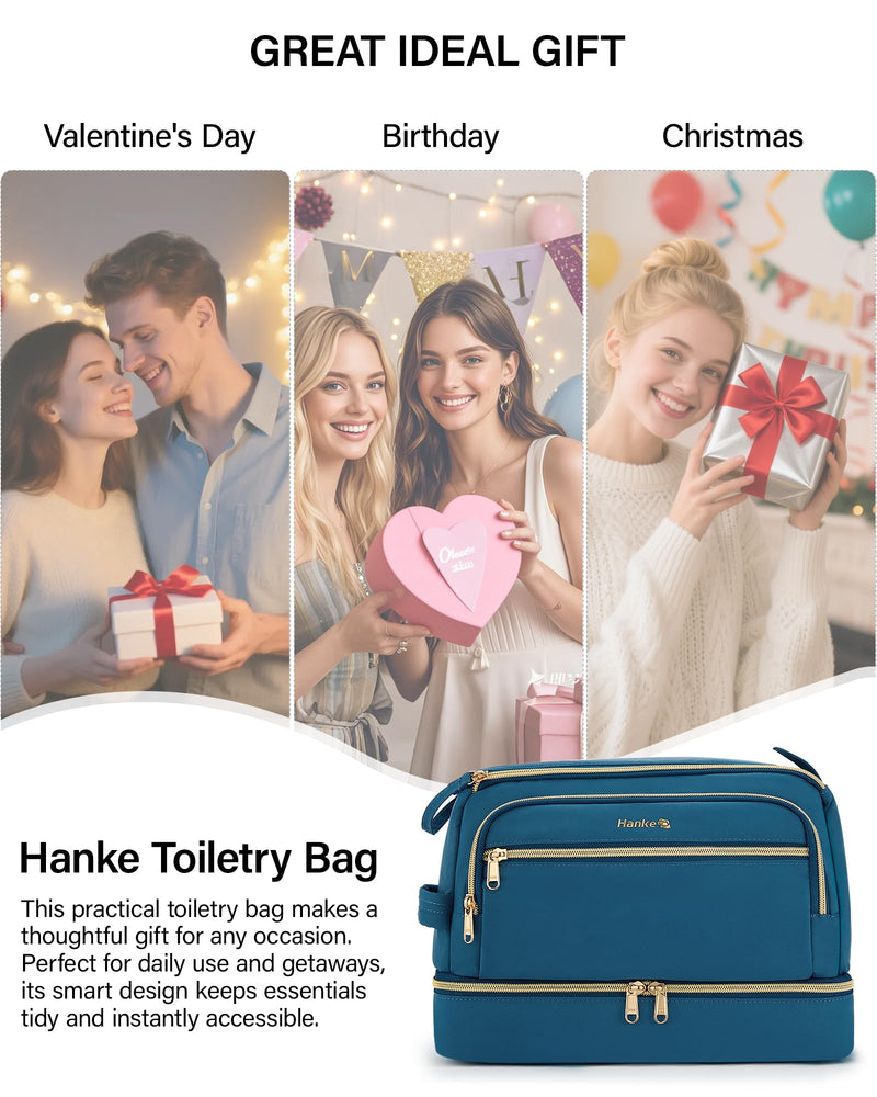 Hanke Travel Toiletry Bag, Lightweight Wide-open Makeup Bag, Dual-Layer Travel Bag for Toiletries Water-Resistant Cosmetic Bags Large Toiletry Bags for Women & Men, Travel Essentials, Navy Blue