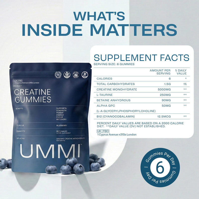 UMMI Creatine Gummies – Helps Support Physical Performance, Vegan & Sugar-Free with Betaine, B12 & Taurine - 5000mg Chewable Creatine Monohydrate Gummies for Men and Women - Blueberry Flavor, 90 Count