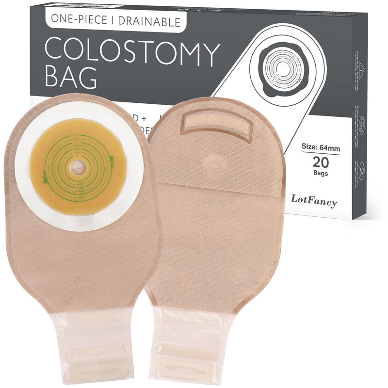 LotFancy Colostomy Bags, Pack of 20, Ostomy Supplies, One-piece Drainable Pouches with Closure for Ileostomy Stoma Care, Cut-to-Fit, Max 64mm Velcro Closure, 20PCS/Bag