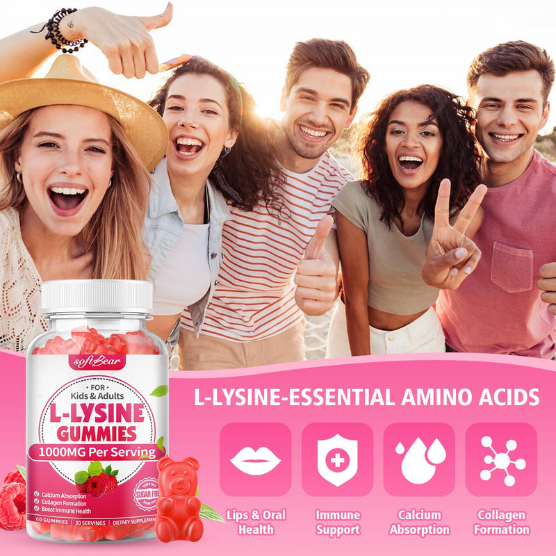 [Australia] - softbear L-Lysine Gummies for Adults & Kids, L Lysine 1000mg Chewable Lysine Supplement for Lips & Oral Health, Immune & Collagen Support, Vegan, Non GMO, Gluten-Free, Raspberry Flavor 60 Count 60 Count (Pack of 1) 