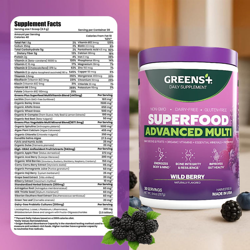 Greens+ Advanced Multi Wild Berry Superfood Powder | Organic Blend | 9.4 oz | Dietary Supplement with Vitamins & Minerals | Vegan | Non-GMO | Soy-Free | Dairy-Free | Gluten-Free | Naturally Flavored Wildberry