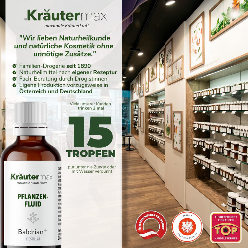 Kräutermax - Plant Fluid Valerian+ - Distillate in Glass - Vegan - Sustainable Packaging Thanks to Amber Glass Bottle - 50 ml