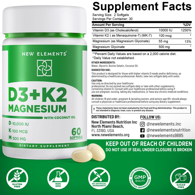 [Australia] - Vitamin D3 K2 10,000 IU with Magnesium Glycinate 500mg - Bone Health, Immune Support, Energy & Mood - Non-GMO, Gluten-Free, Sugar-Free Softgels for Women & Men (60 softgels) 60 Count (Pack of 1) 