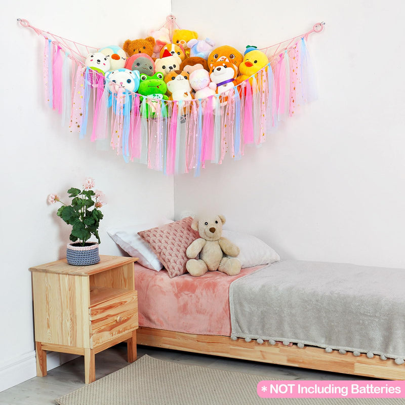 [Australia] - FIOBEE Stuffed Animals Net or Hammock with LED Light, Toy Hammock Hanging Stuffed Animals Storage Organizer Holder Room Décor for Nursery Kids Bedroom Pink 