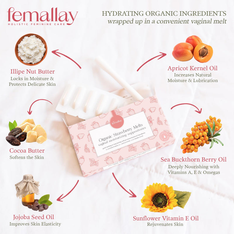 [Australia] - Femallay Organic Vaginal Moisturizing Suppositories ‚Äì Strawberry ‚Äì 100% Natural Relief for Dryness, Odor & Daily Feminine Discomfort ‚Äì 14 Count + Applicator 1 Count (Pack of 14) 