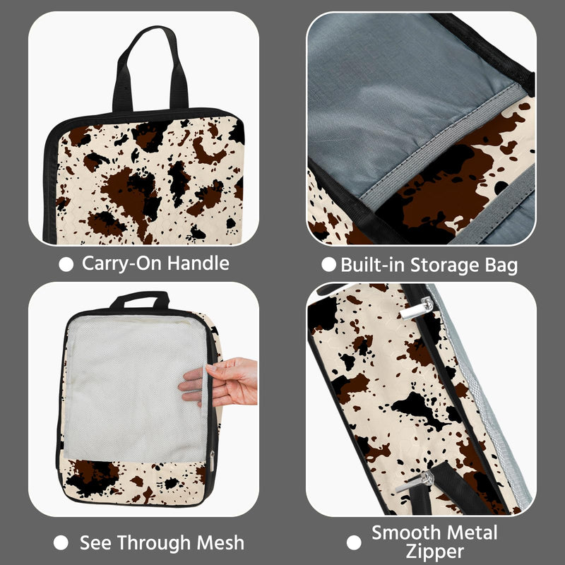 7 Pcs Compression Packing Cubes for Travel, Waterproof Suitcase Luggage Backpack Organizer with Toiletry Bag Travel Essentials for Women/Men-Cow Print Brown-Cow Print