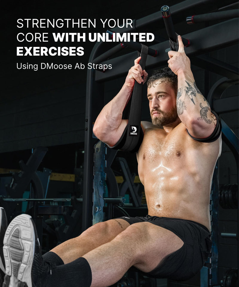 DMoose Fitness Hanging Ab Straps for Pull Up Bar & Core Strength Training - Soft Padded Exercise Straps for Ab Swing & Leg Raises, Hang Bar Strap with 2 Steel Carabiners - Abs Equipment for Home & Gym Black