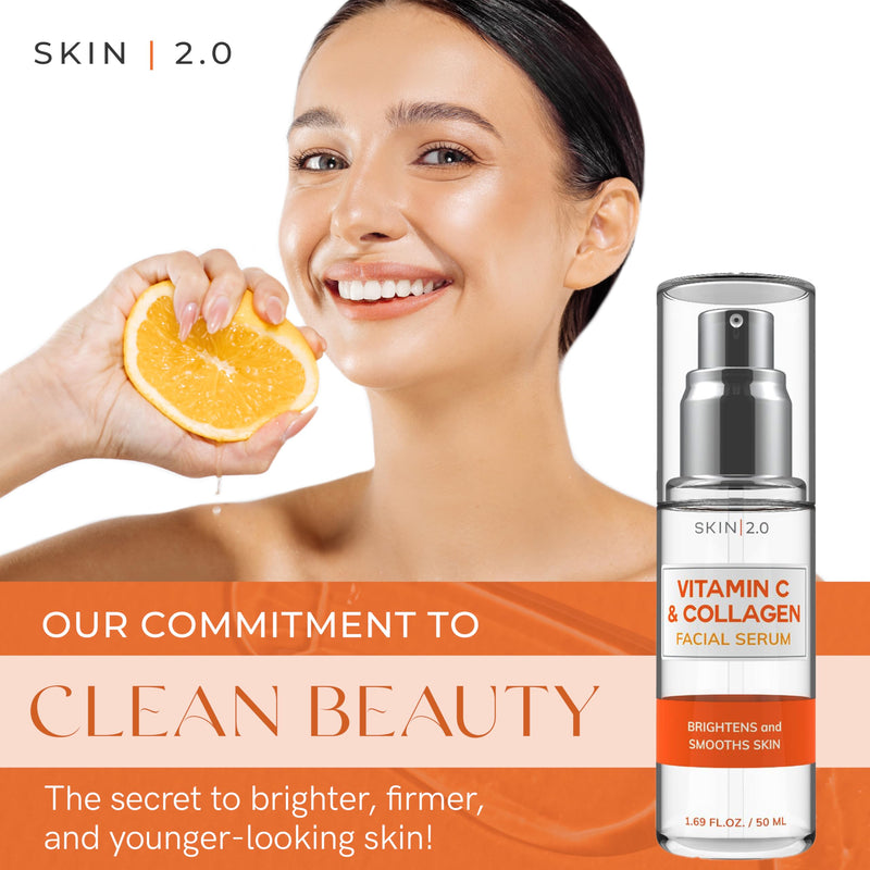 Skin 2.0 Vitamin C Serum - Dermatologist Tested, Anti-Aging & Dark Spot Remover - Brightening, Clean Beauty, Cruelty-Free, Korean Skincare for Glass Skin, All Skin Types - 1.69 Fl. oz Vitamin C and Collagen