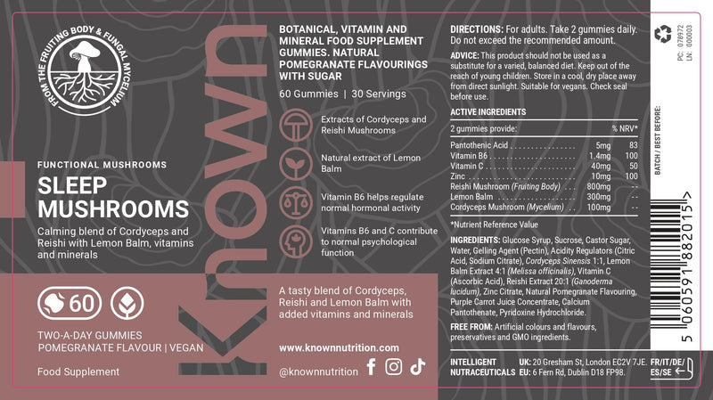 Known Tasty Sleep Mushrooms Gummies - Reishi, Cordyceps, Vitamin B - Reduces Fatigue - Natural Pomegranate Flavour - 60 Vegan Gummies, 1 Month Supply