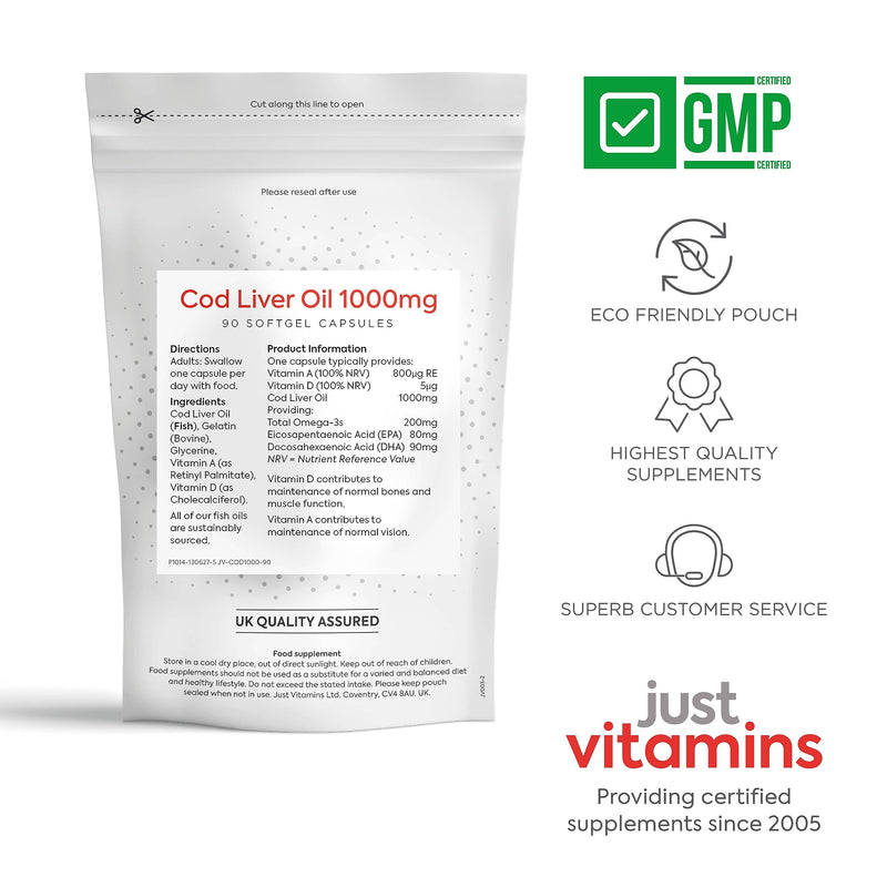 Icelandic Cod Liver Oil 1000mg | 90 Premium Softgels | High Strength Omega 3 with Vitamins A & D | Supports Heart, Brain & Eye Health | UK Made - Just Vitamins