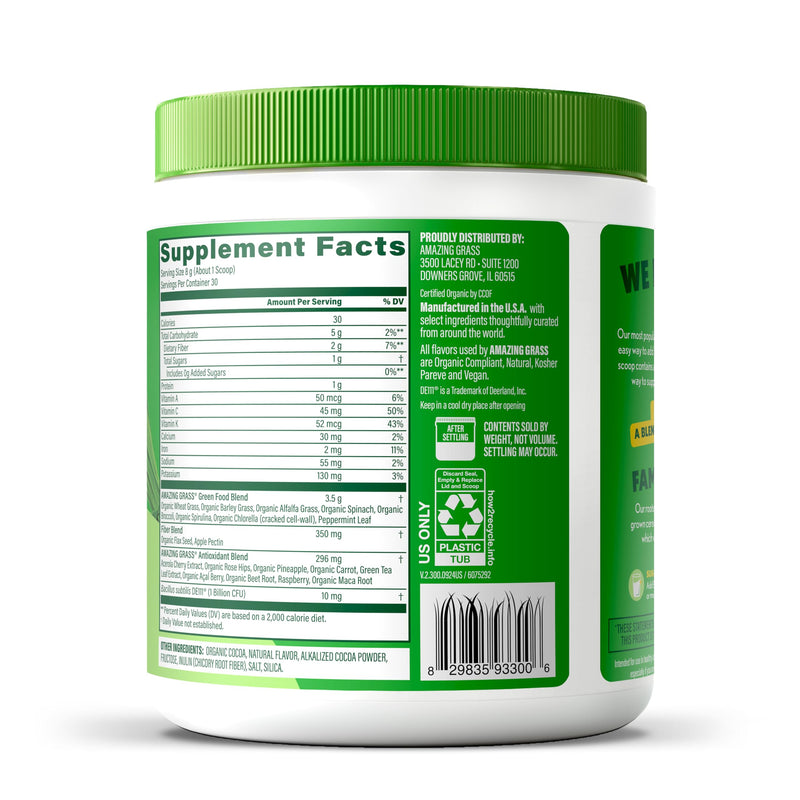 Amazing Grass Super Greens Powder Chocolate, 30 Servings, 8.5 oz | Organic Greens Superfood Powder with Spirulina, Beet Root, Probiotics & Digestive Enzymes to Support Digestion 8.5 Ounce (Pack of 1)