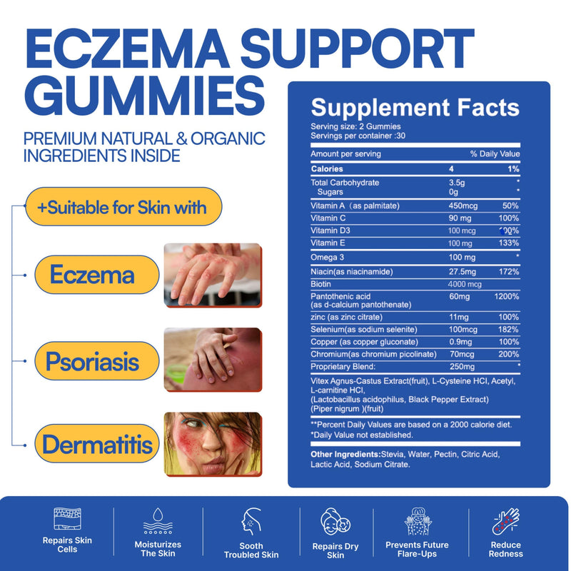 Ezcema Support Gummies – USA-Made - 30+ Vitamins with BIOTIN for Eczema, Psoriasis, Rosacea, & Dermatitis Relief – Soothes Itching, Redness Relief