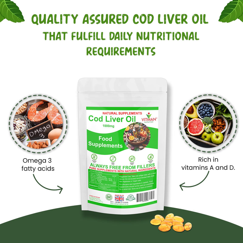 Cod Liver Oil 1000mg 60 Softgels - High Strength Omega-3 EPA & DHA - Pure Fish Oil with Vitamins A & D - Supports Heart, Brain, Vision & Immune Health - Gluten & Additive-Free