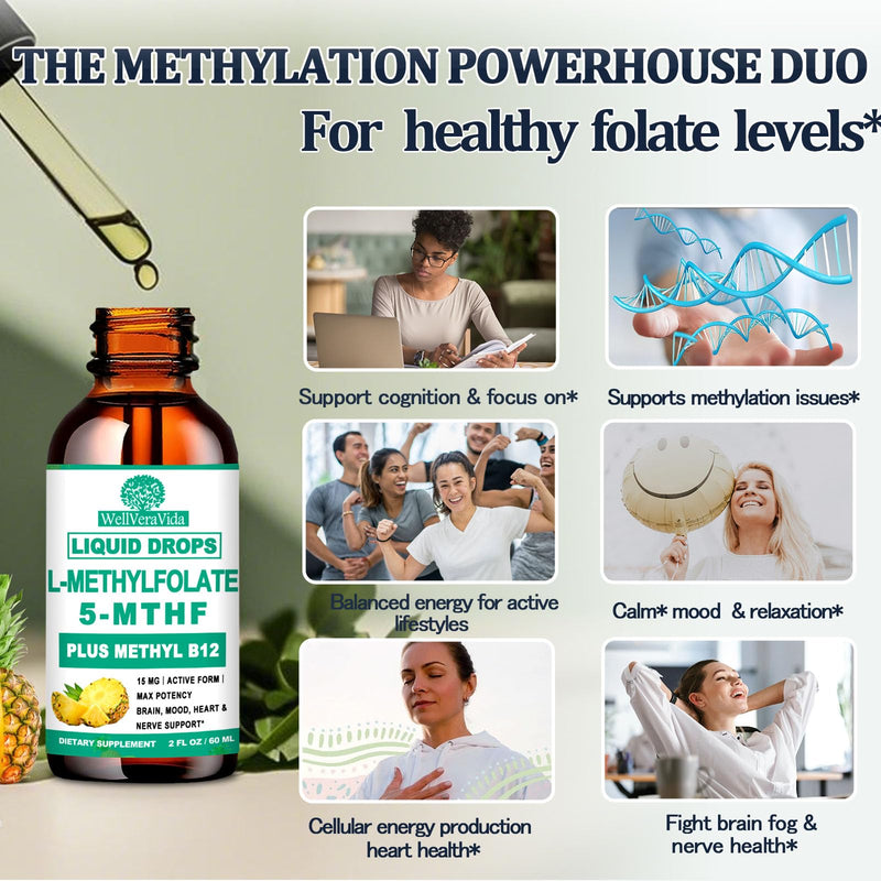 L Methylfolate 15mg Liquid Drops, 5-MTHF Plus Methyl B12 for Adults & Kids | Methylfolate Supplement w. Methyl B12, B6 & B2 for Mood, Methylation, Homocysteine, Cognition & Energy Support, Vegan Non-GMO Pineapple 2 Fl Oz (Pack of 1)