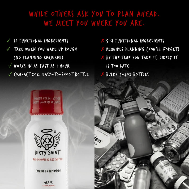DIRTY SAINT Next Morning Revival Shot | 16 Functional Ingredients, 6 Doses | DHM | Next Day Resurrection | Korean Raisin Tree, No Sugar, Milk Thistle, NAC, B Vitamins, Electrolytes, Natural Grape 2 Fl Oz (Pack of 6)