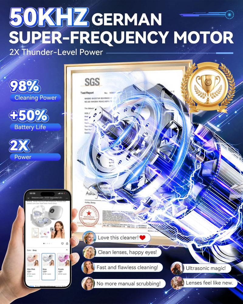 [Australia] - 2025 Upgraded Ultrasonic Contact Lens Cleaner„Äê50KHz Germany Super Motor„Äë„ÄêTop1 Intelligent Chip-Smart Modes„Äë Gentle Cleaning & 99% Brightness, Portable Soft Contact Lens Care Tools Home Travel (Grey) Grey 