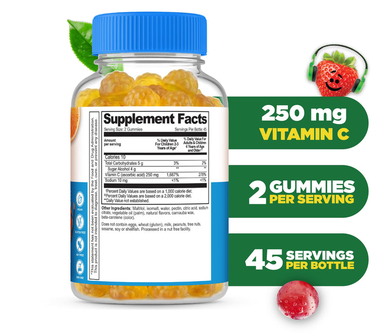 Lifeable Sugar Free Vitamin C for Kids – 250 mg – Great Tasting Natural Flavor Gummy Supplement – Vegetarian GMO-Free Chewable Vitamin – for Immune Support – for Children – 90 Gummies 90 Count (Pack of 1)