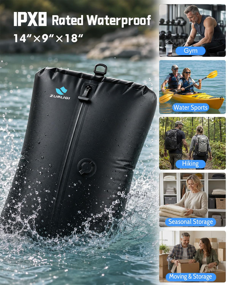 Zurligi Travel Vacuum Bag with Pump, Airtight Zipper and Shoulder Strap | Waterproof Anti-Rip Durable Nylon-TPU Bag with Airtight Heavy-Duty Zipper for Travel, Moving, Gym, Beach, and Home Storage 1-Pack, Black