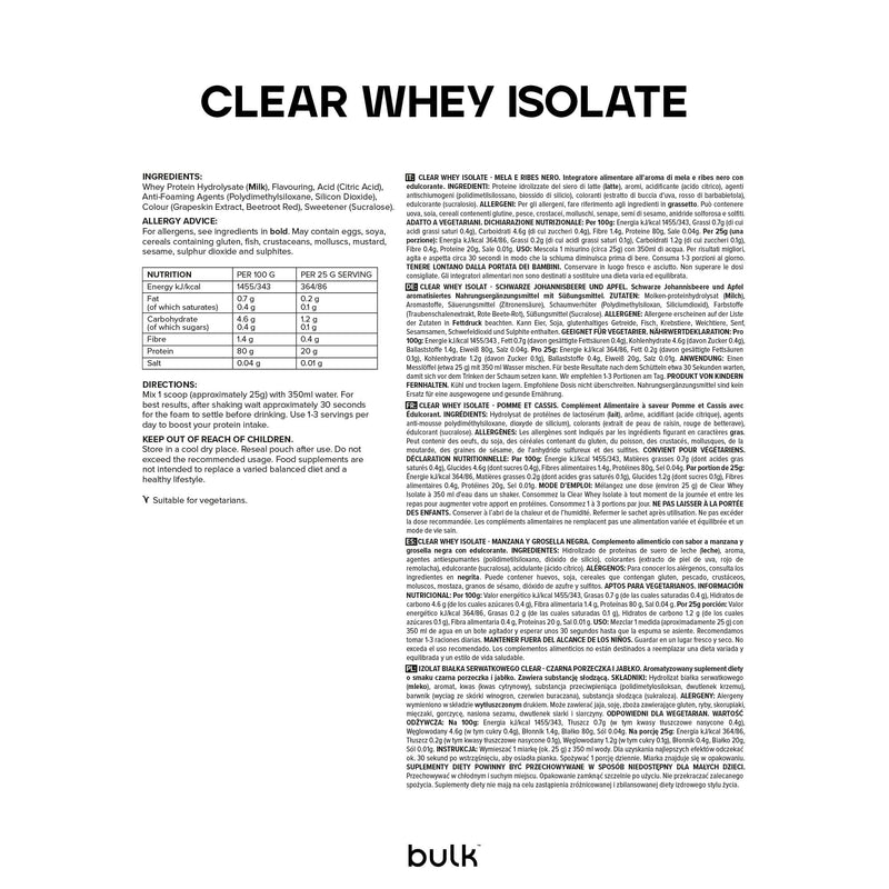 Bulk Clear Whey Isolate | Apple & Blackcurrant | 20g Protein per Serving | Low Sugar | Refreshing Fruity Flavours | 86 Calories | Fast Absorbing | Hydrating Protein Drink | 500g 500 g (Pack of 1)