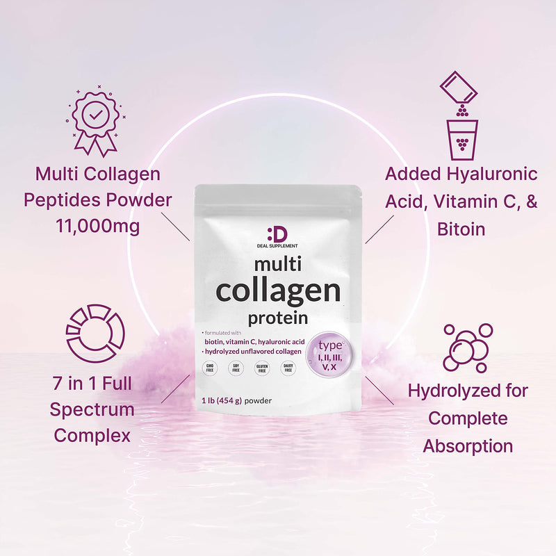 Multi Collagen Protein Powder,1Lb - Type I, II, III, V, X Collagen Peptides with Biotin 10000mcg, Vitamin C & Hyaluronic Acid - Unflavored - Keto & Paleo Friendly, Great for Hair, Skin, Nails & Joints