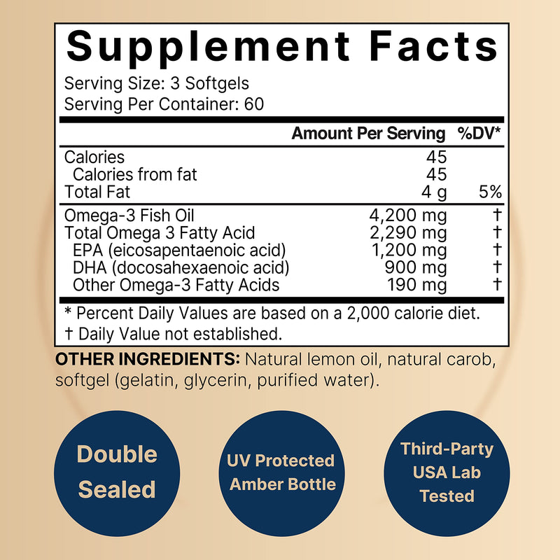 Omega 3 Fish Oil 4,200mg, 180 Burpless Softgels, Highly Purified EPA 1,200mg & DHA 900mg | Lemon Flavored | Premium Wild Caught Fish from Deep Sea – Heart & Brain Support – Mercury Free & NON-GMO